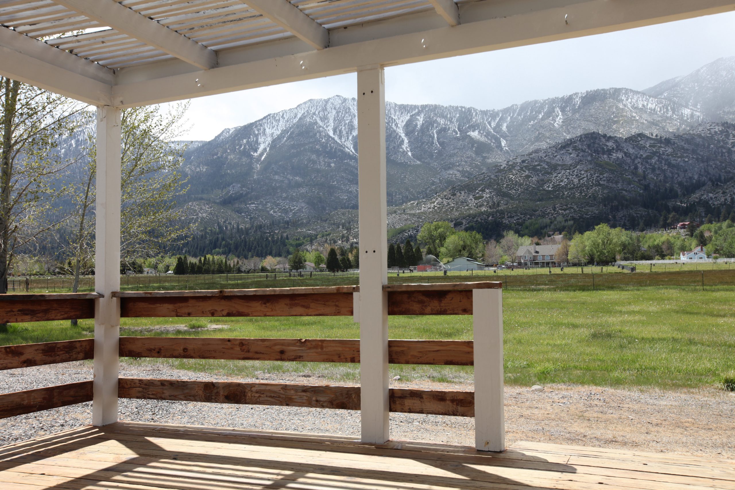 Panoramic Sierra Nevada mountains from house deck